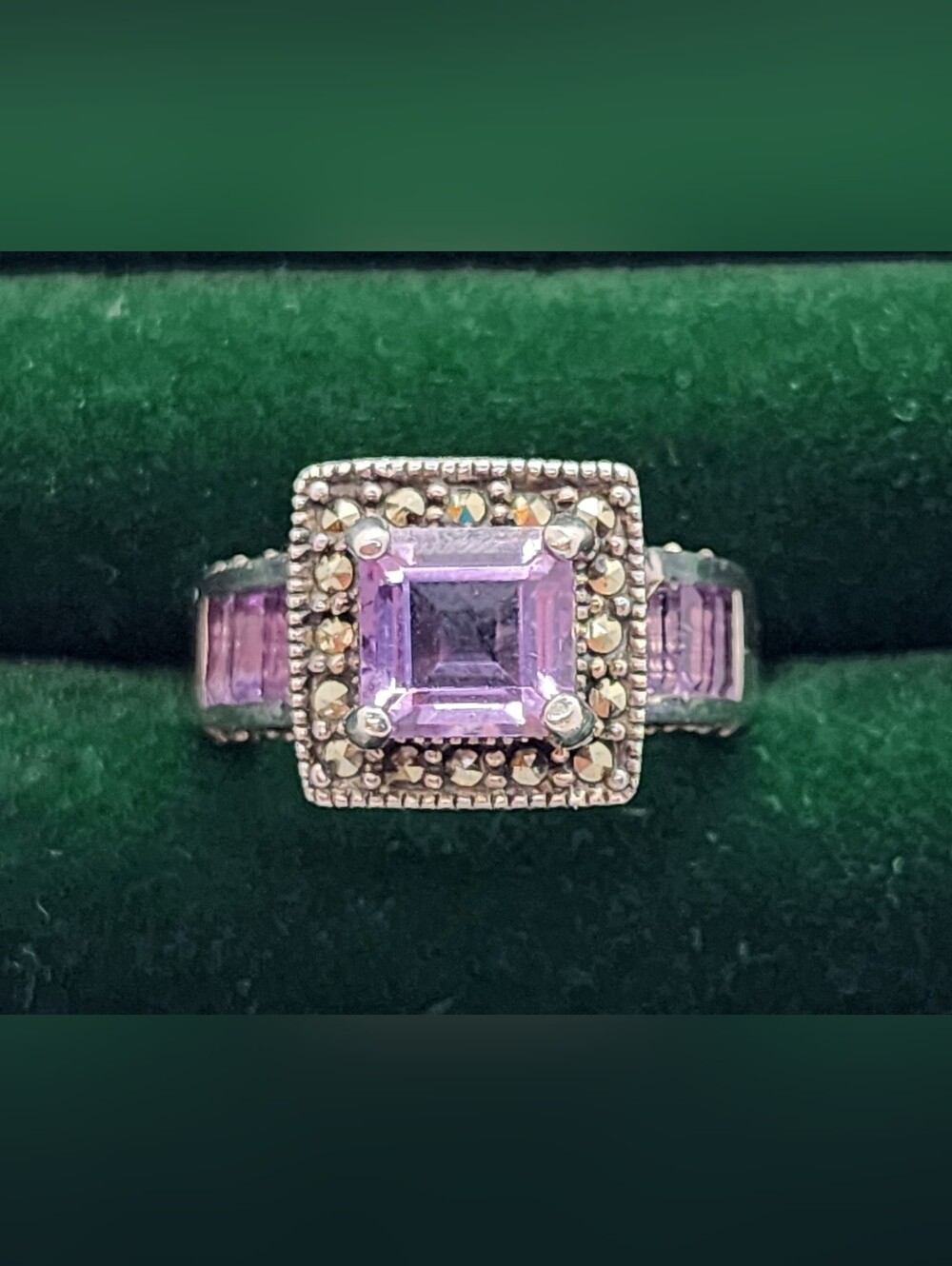 Art Deco Style Sterling Silver Purple Amethyst & Marcasite Statement Ring 925